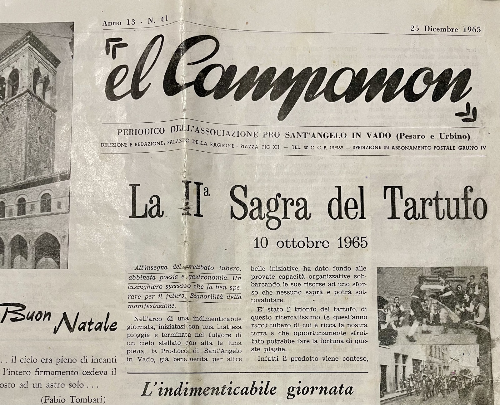 Periodico El Campanon dell'associazione Pro Sant'angelo in Vado (PU) del 25 dicembre 1965 con il racconto della fiera del tartufo